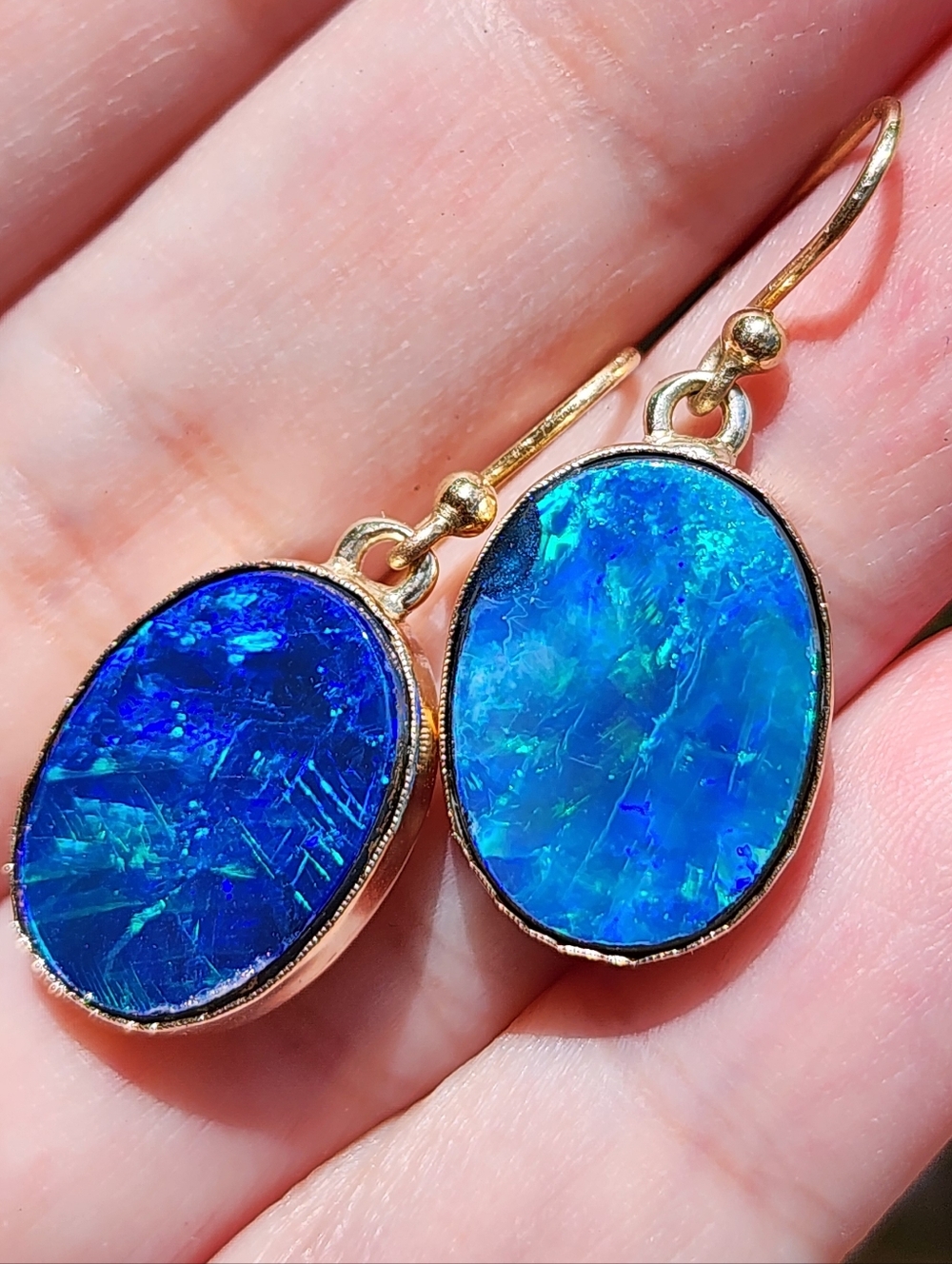 RARE 14k Gold Australian Opal Drop Earrings - Picture 2 of 7
